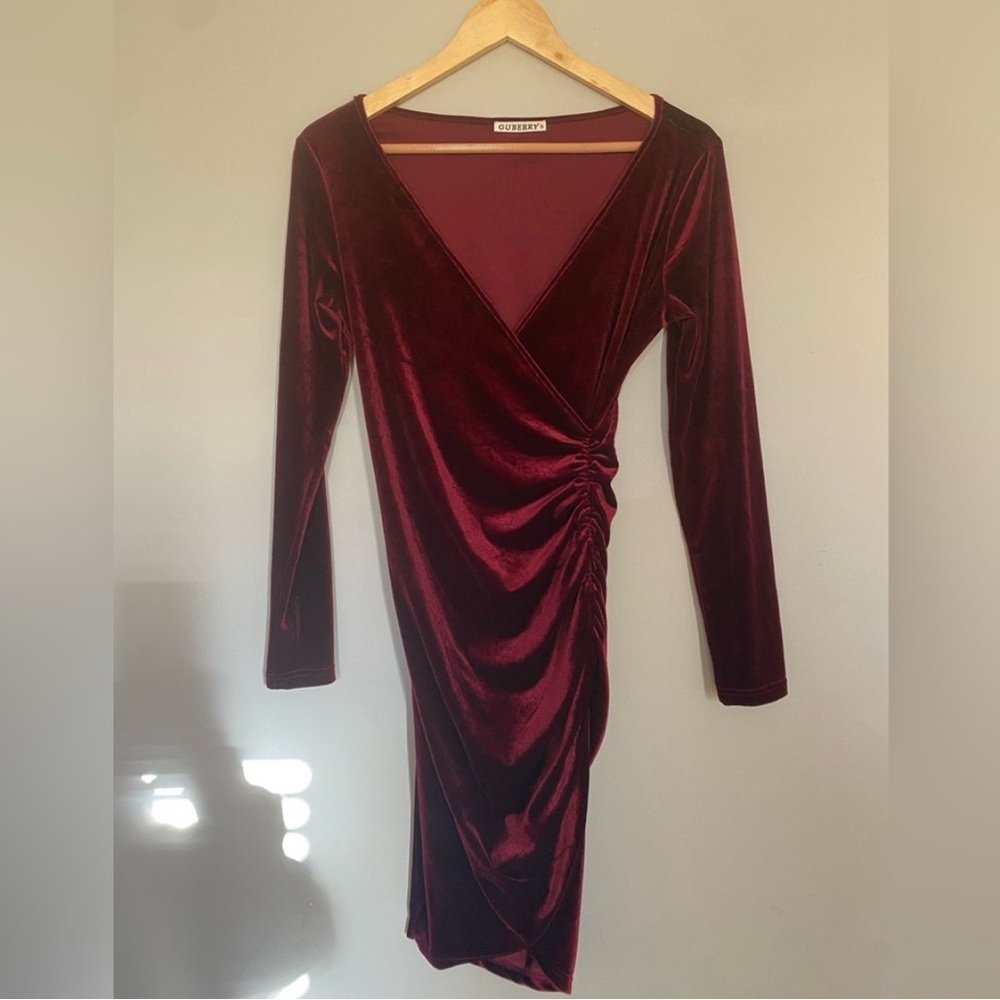 Guberry Wrap V Neck Long Sleeve Velvet Bodycon Ruched Dresss Size Small